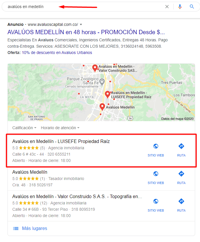 Resultados Google Maps Medellín